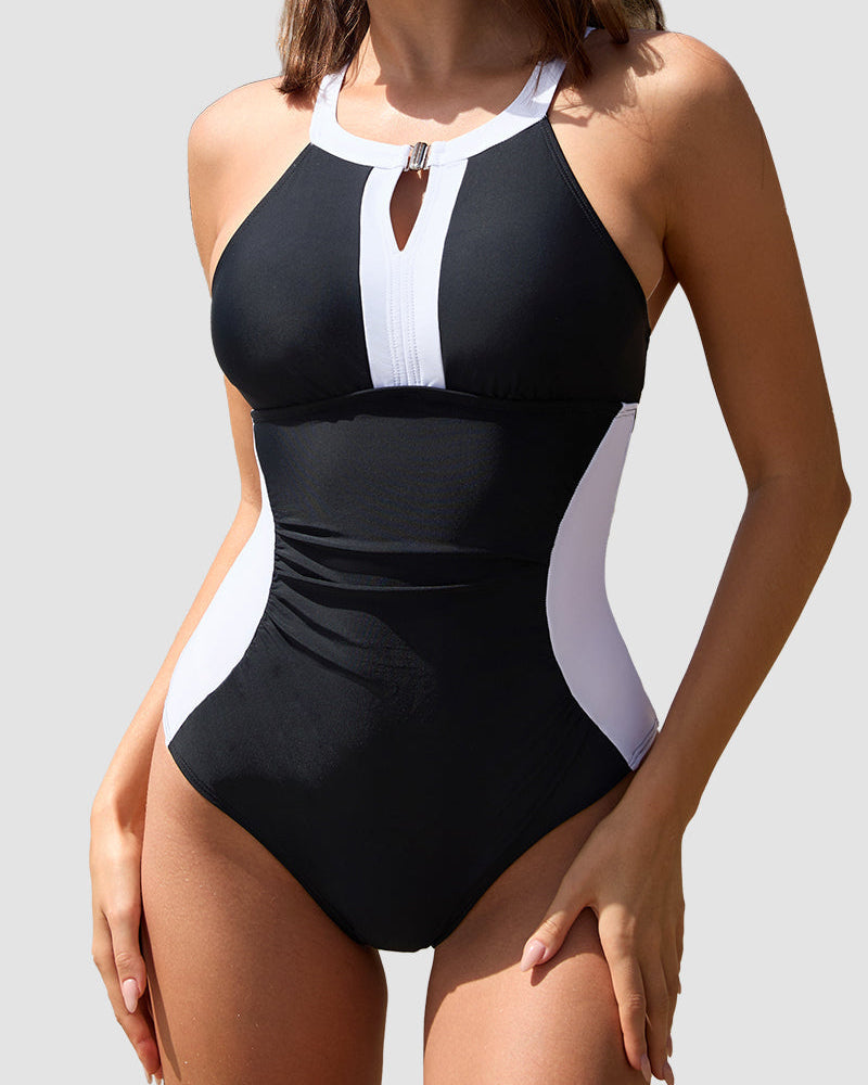 Full Coverage Retro Color Block Swimsuit