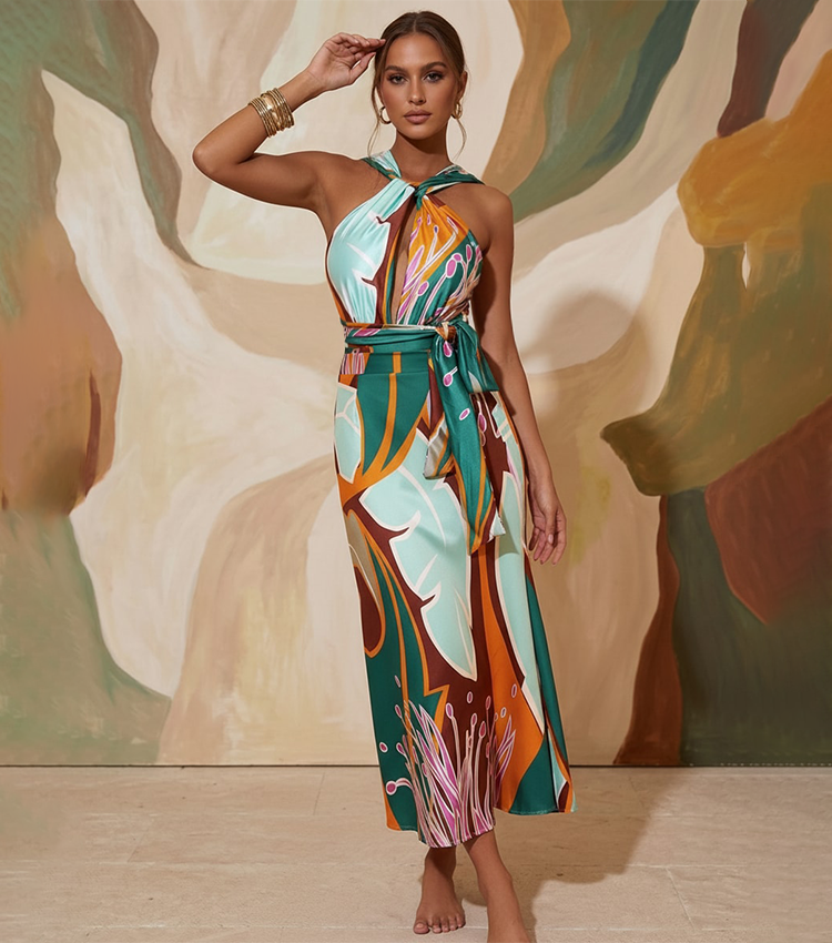 Halter Printed One Piece Swimsuit and Skirt Flaxmaker	