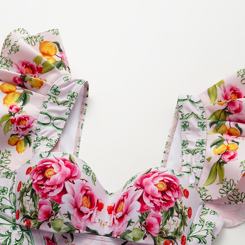 Ruffle Cut Out Lemon Floral Pattern Print One Piece Swimsuit and Skirt