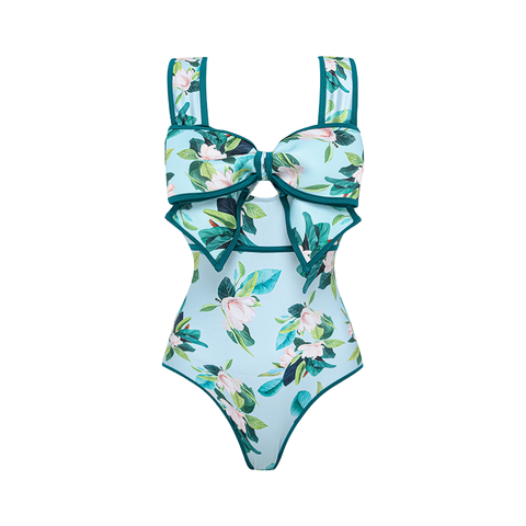 Bow Decor Mangnolia Print One Piece Swimsuit and Skirt	