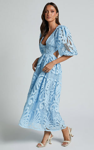 V Neck Puff Sleeve Lace Dress