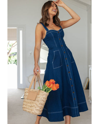 Buttons Sling  Dark Blue Denim Dress
