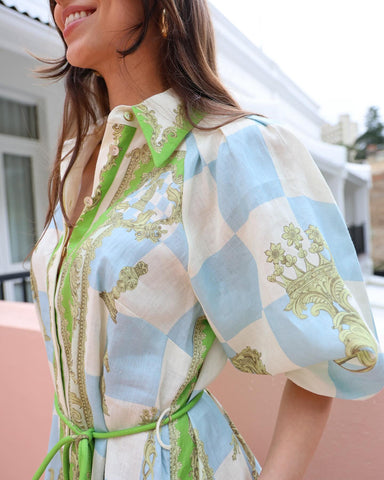 Puff Sleeve Lace Up Printed Dress
