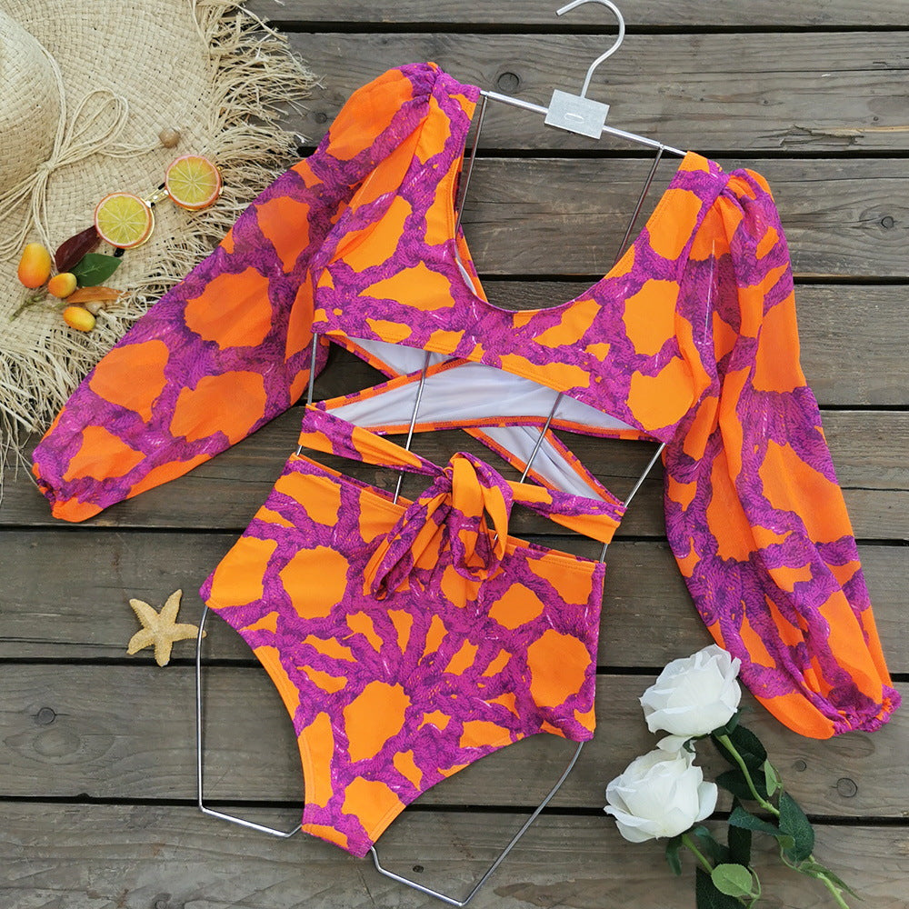 Long Sleeve V Neck Printed Bikini Swimsuit and Skirt Flaxmaker	