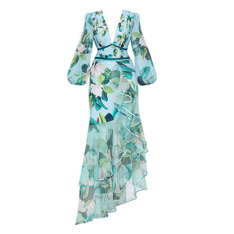 Long-sleeved Mangnolia Print One Piece Swimsuit and Skirt