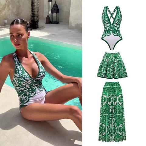 V Neck Classic Majolica Series Pattern Print One Piece Swimsuit and Pants or Skirt	
