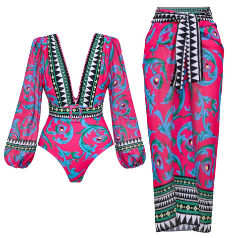 Long-sleeved Peacock Totem Print One Piece Swimsuit and sarong