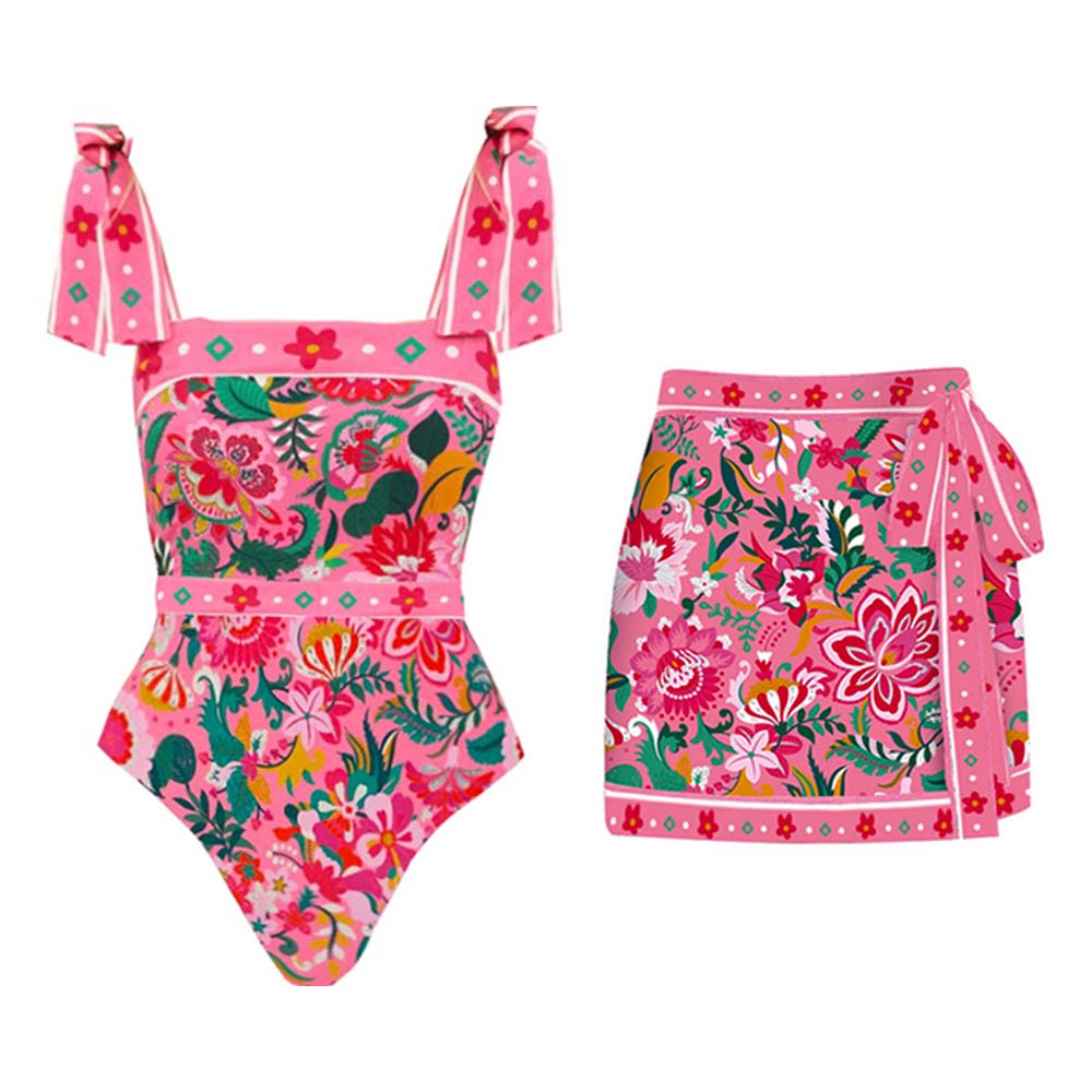 Pink Floral Paradise Print One Piece Swimsuit and Skirt	