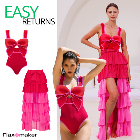 Bow Front Cut Out Color Block One Piece Swimsuit and Skirt