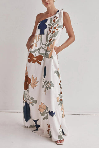 Oblique Shoulder  Printed Dress