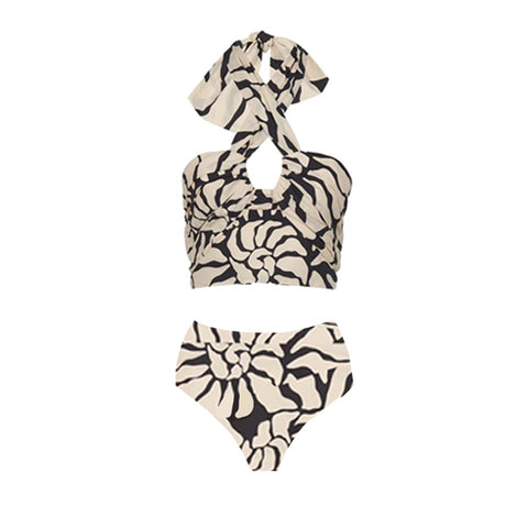 Detachable Puff Sleeves Printed High Waist Bikini Swimsuit and Skirt