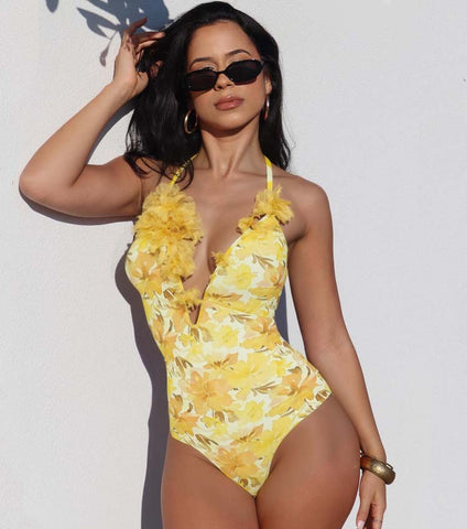Appliques Yellow Lily Floral Print One Piece Swimsuit and Skirt	