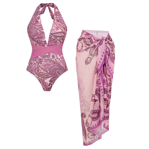 Halter Neck Purple Paisley Print Swimsuit Set(s)