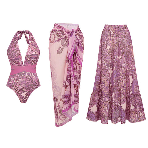 Halter Neck Purple Paisley Print Swimsuit Set(s)