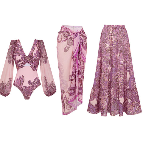 Long Sleeves Cut Out Paisley Print Swimsuit Set(s)