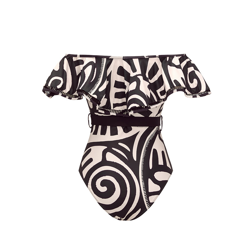 Off Shoulder Black Retro Printed Swimsuit Set(s)	