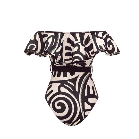 Off Shoulder Black Retro Printed Swimsuit Set(s)	