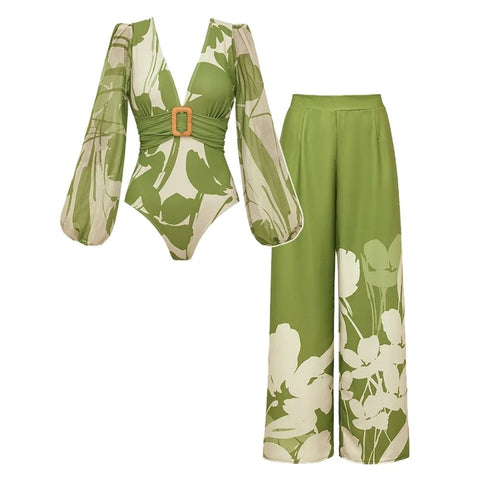 V Neck Long Sleeve Flower Print One Piece Swimsuit and Pants	