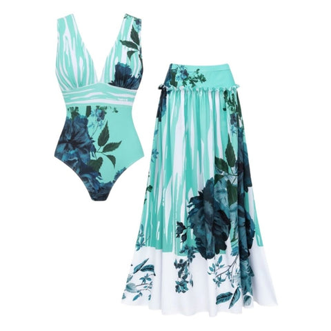 Blossom Print One Piece Swimsuit and Skirt	