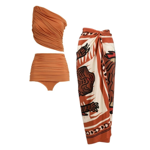 One Shoulder Ruched Rust High Waist Bikini Swimsuit and sarong