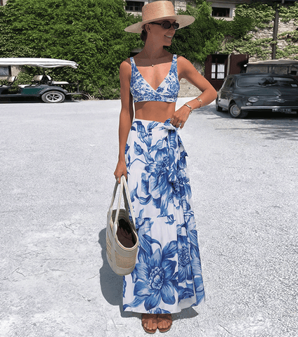 V Neck Blue Print High Wasit Bikini Swimsuit Set(s)