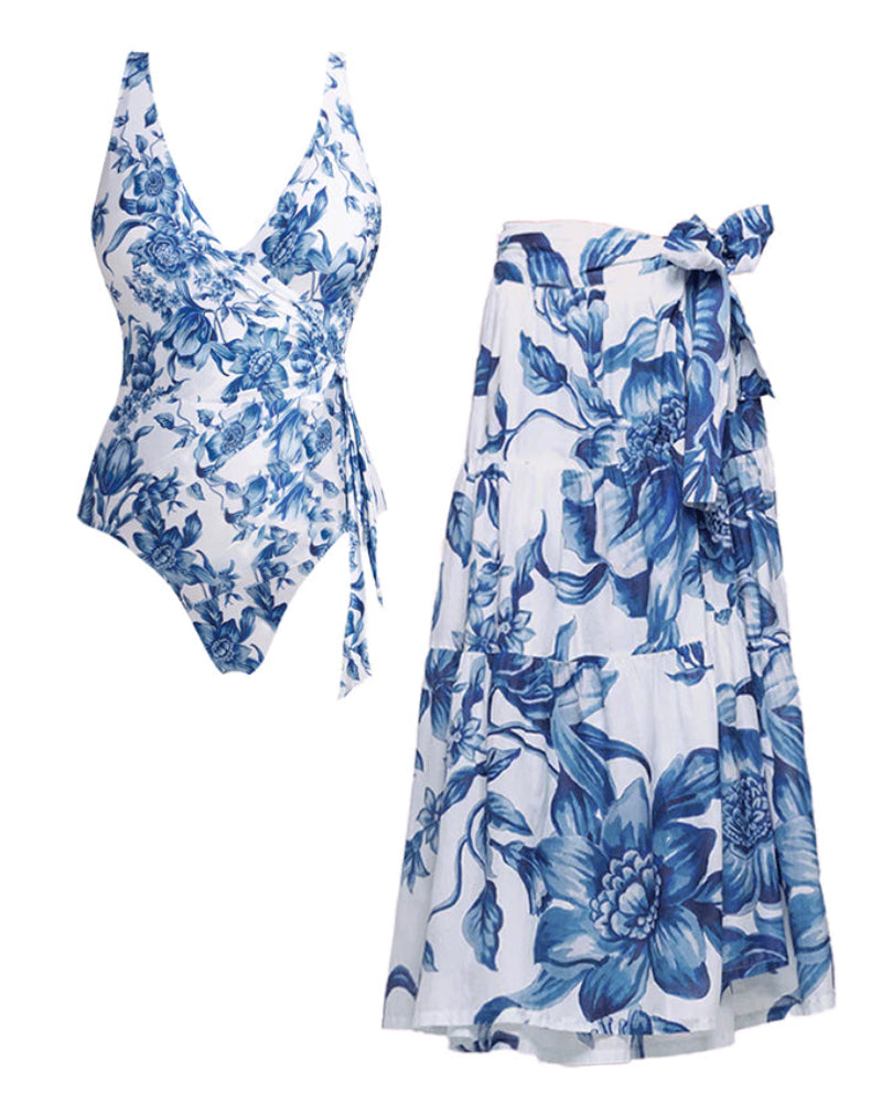 V Neck Blue Print Lace Up Swimsuit Set(s)