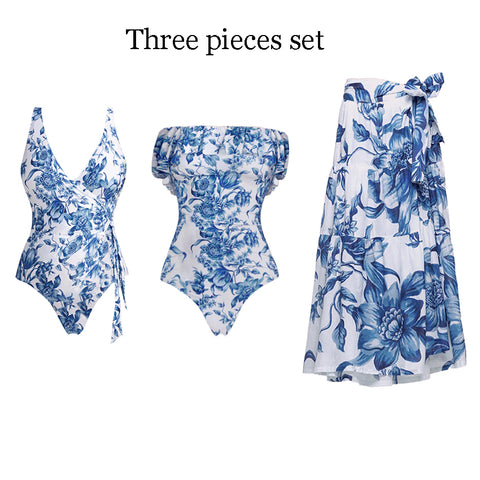 V Neck Blue Print Lace Up Swimsuit Set(s)