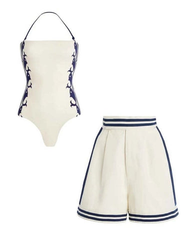 Navy Style Printed One Piece Swimsuit and Shorts