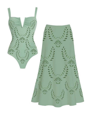 Laser Hollow Out One Piece Swimsuit and Skirt	
