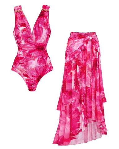 Floral Printed One Piece Swimsuit and Skirt