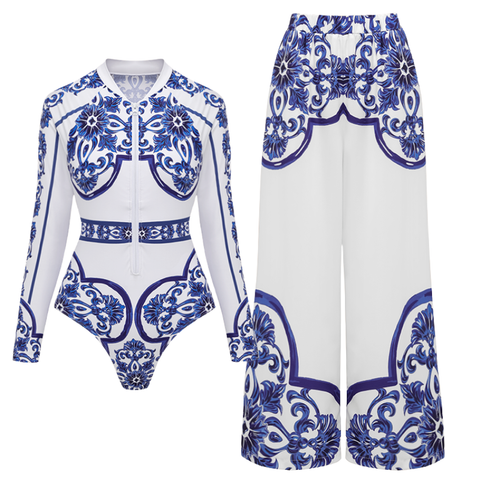 Surfing Wetsuit Classic Majolica Series Pattern Print One Piece Swimsuit and Pants or Shorts	
