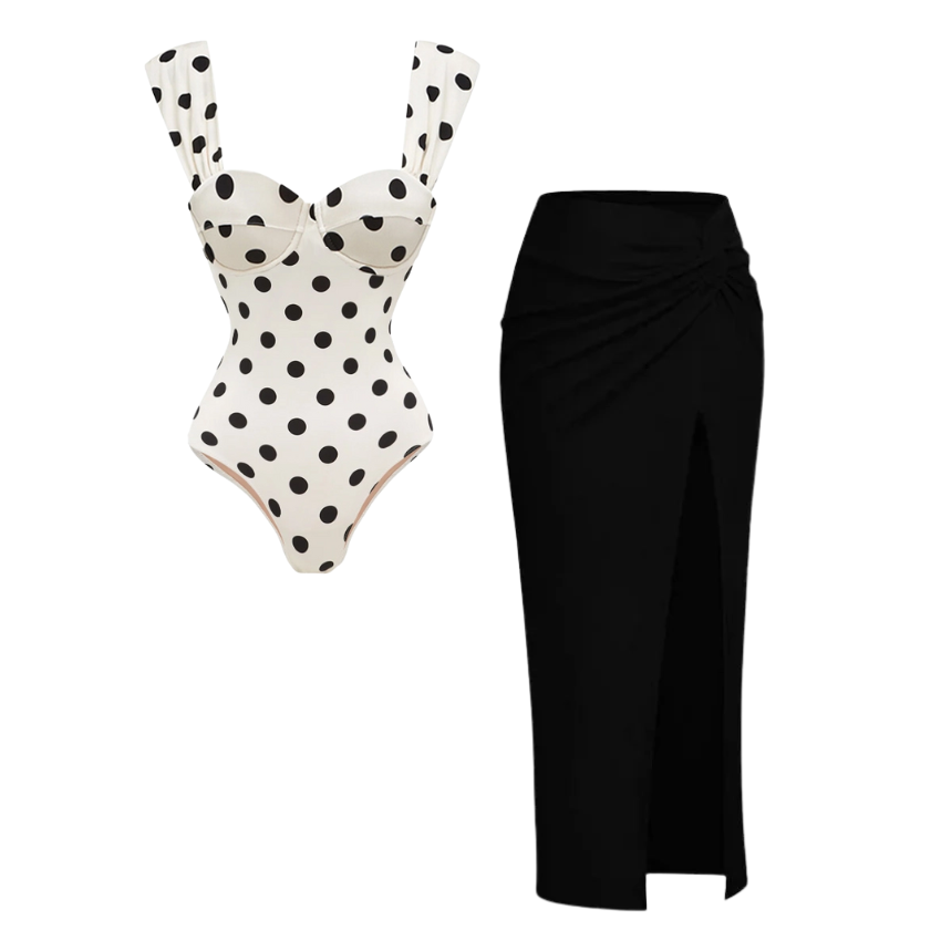 Sling Dot Printed One Piece Swimsuit and Skirt Flaxmaker	