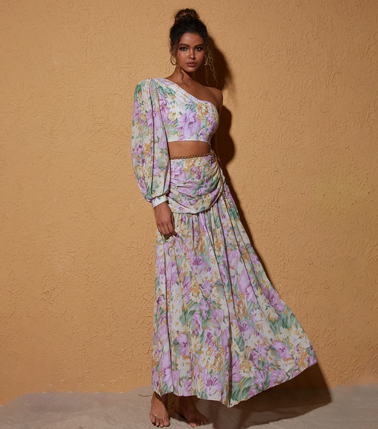 One Shoulder Cut out Blossom Printed One Piece Swimsuit and?skirt Flaxmaker	
