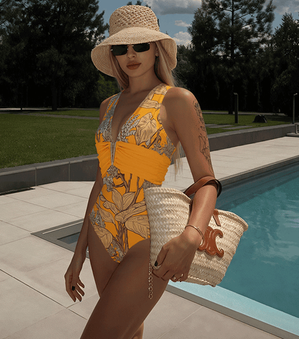 V Neck Yellow Plant Print Swimsuit Set(s)