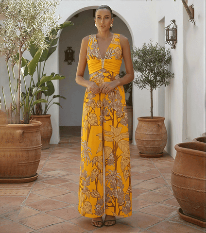 V Neck Yellow Plant Print Swimsuit Set(s)