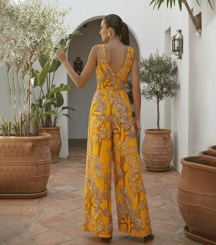V Neck Yellow Plant Print Swimsuit Set(s)