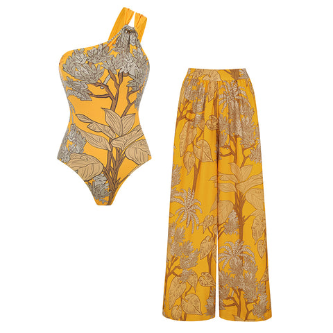 One Shoulder Yellow Printed Swimsuit Set(s)	