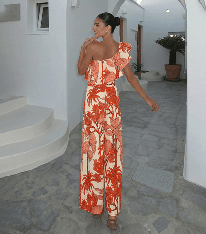 One Shoulder Ruffle Plant Print Swimsuit Set(s)