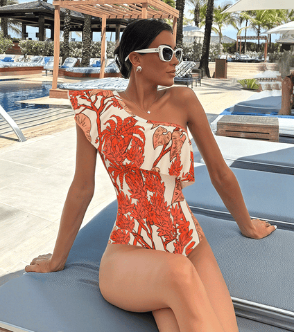 One Shoulder Ruffle Plant Print Swimsuit Set(s)