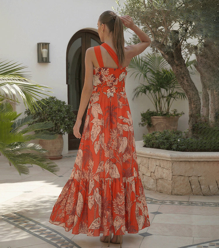 One Shoulder Red Plant Print Swimsuit Set(s)	