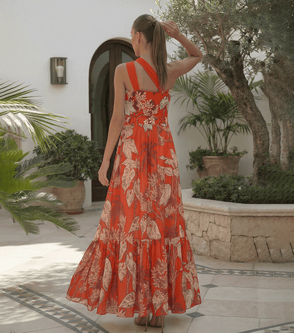 One Shoulder Red Plant Print Swimsuit Set(s)	
