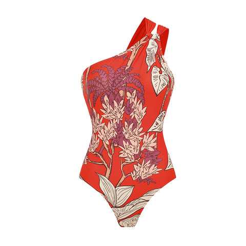 One Shoulder Red Plant Print Swimsuit Set(s)	