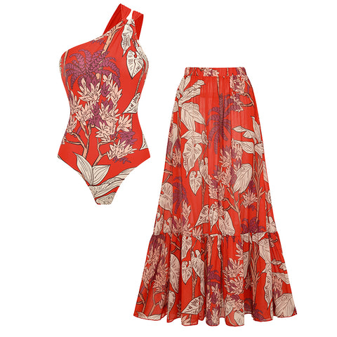 One Shoulder Red Plant Print Swimsuit Set(s)	