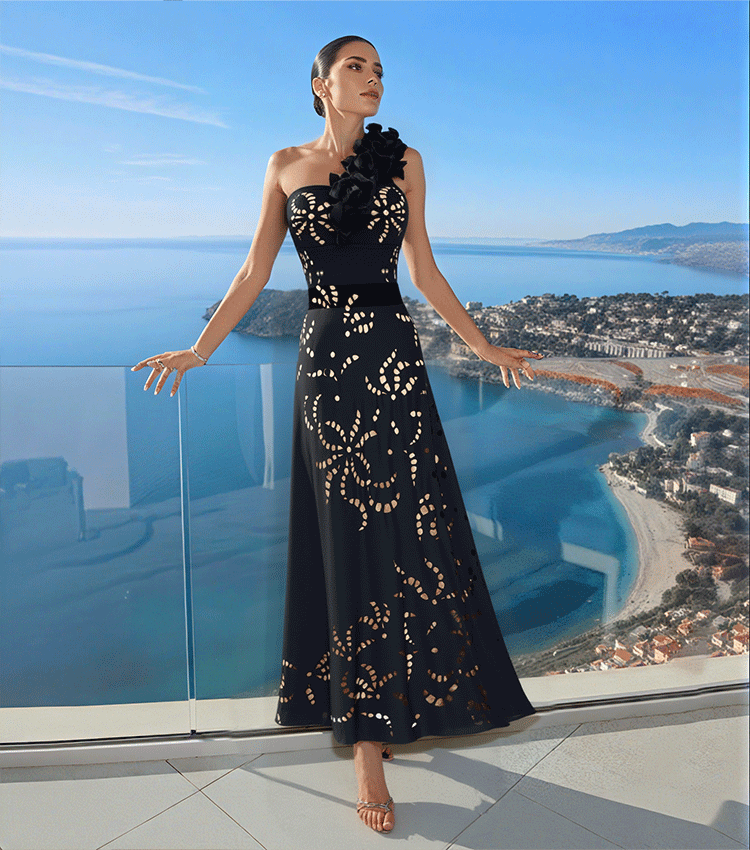 One Shoulder Ruffle Black Laser Cutting Flower Swimsuit Set(s)	