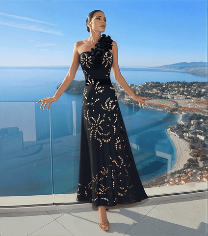 One Shoulder Ruffle Black Laser Cutting Flower Swimsuit Set(s)	