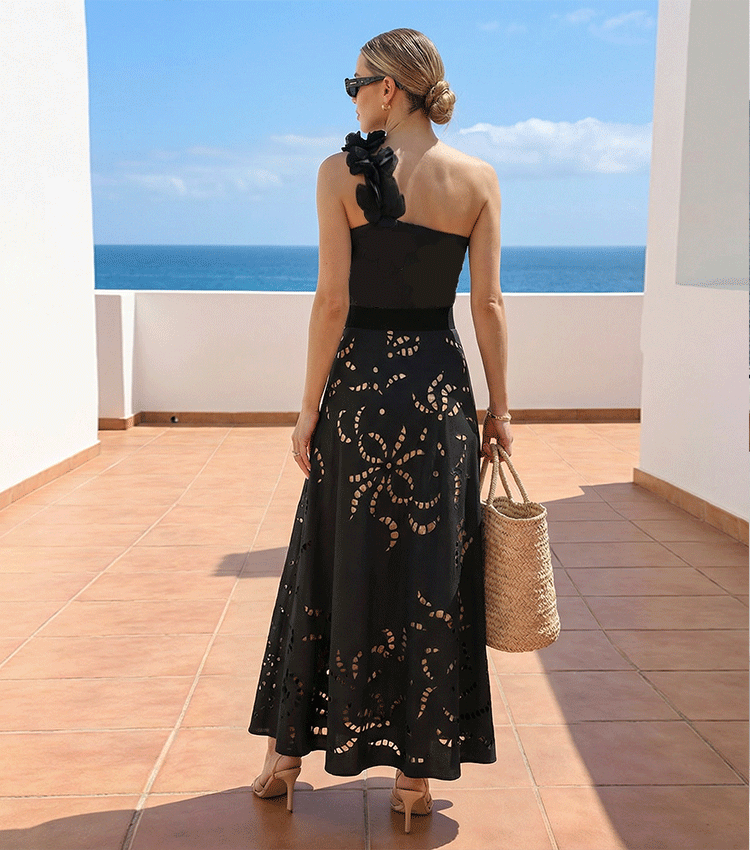 One Shoulder Ruffle Black Laser Cutting Flower Swimsuit Set(s)	