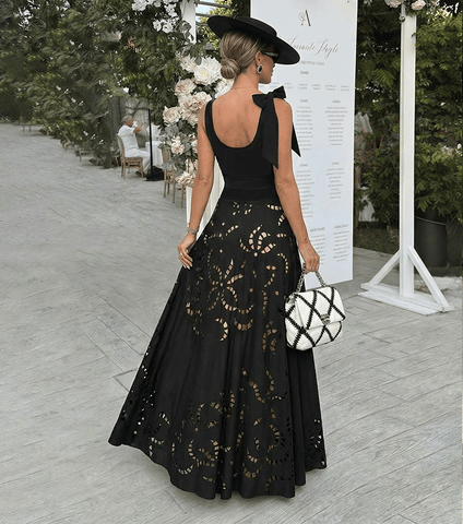 Bow-detailed Black Laser Cutting Flower Swimsuit Set(s)	