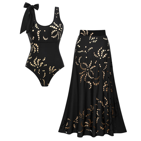 Bow-detailed Black Laser Cutting Flower Swimsuit Set(s)	