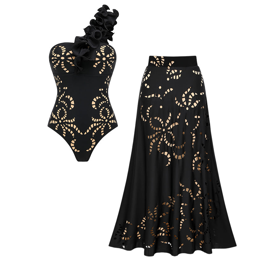 One Shoulder Ruffle Black Laser Cutting Flower Swimsuit Set(s)	