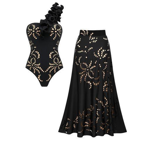 One Shoulder Ruffle Black Laser Cutting Flower Swimsuit Set(s)	